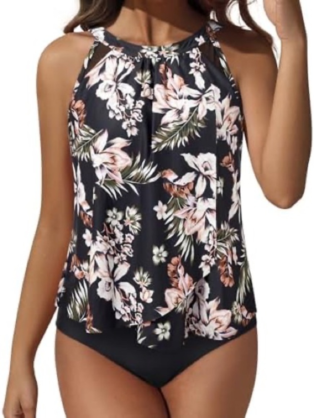 Suuksess /Floral Tummy Control 2 piece Tankini Swimsuit Set Black, Blush - Sz L
